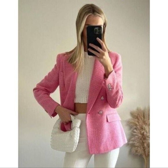 Zara Blogger’s Fave Double Breasted Textured Weave Pink Blazer Size S - Picture 3 of 15